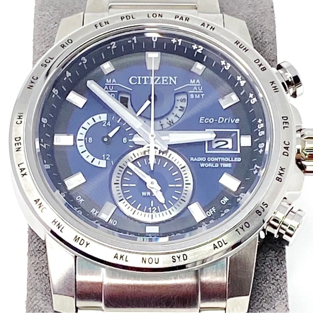 Citizen Eco-Drive World Time A-T Bracelet Watch Solar Silver-Toned w/ Blue Face - Picture 3 of 13